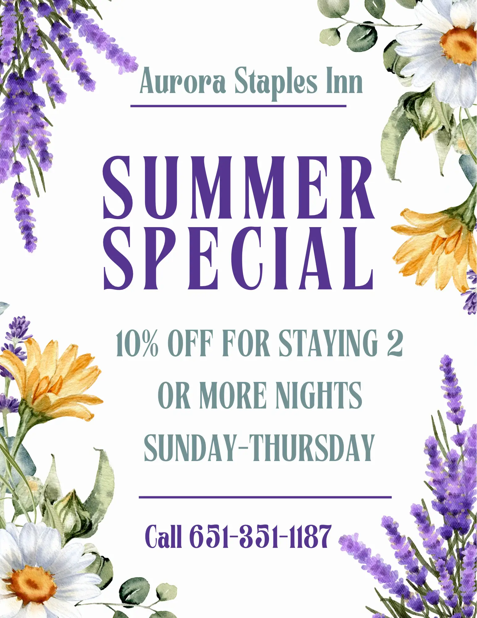 Aurora Staples Inn Summer Special promotional flyer with lavender and daisy floral illustrations. The offer advertises 10 percent off stays of two or more nights from Sunday through Thursday. Contact phone number listed as 651-351-1187.