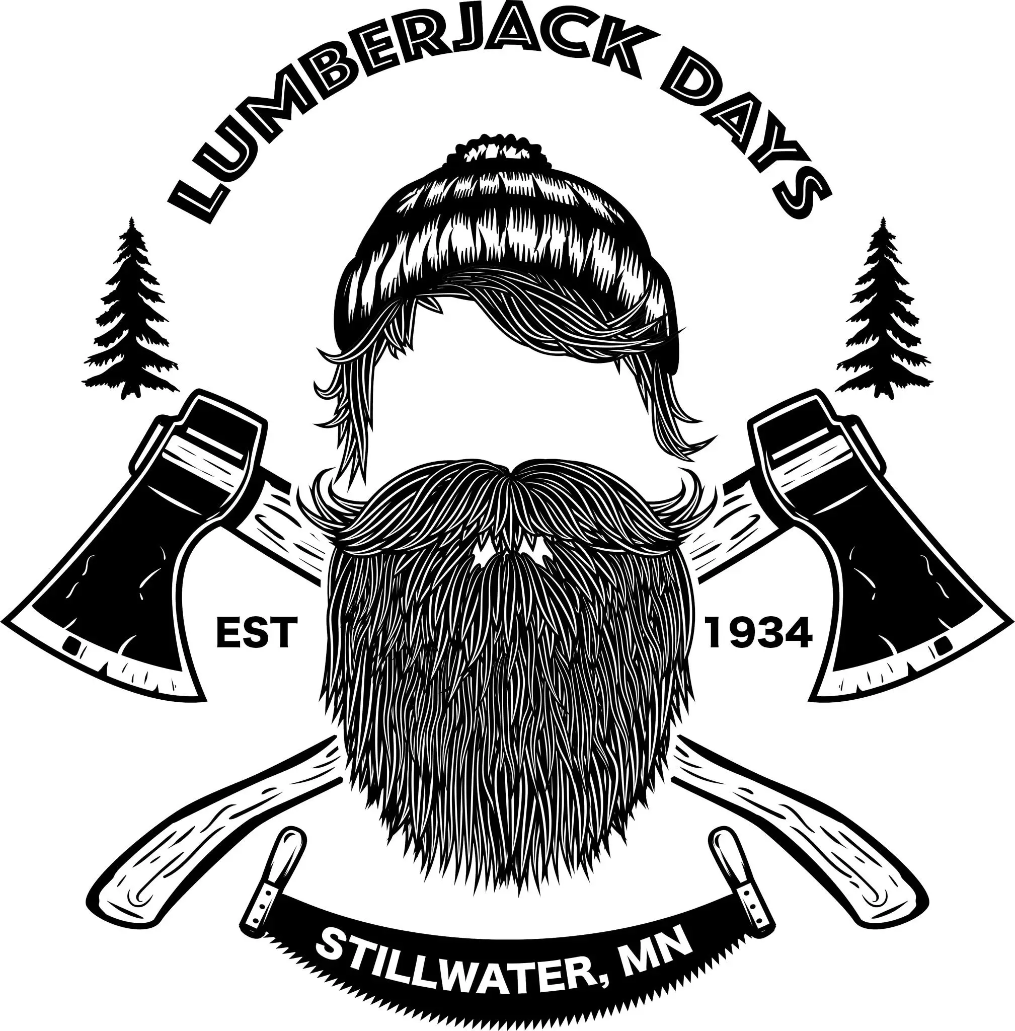 Vintage-style Lumberjack Days logo featuring a large beard, mustache, knit cap, and crossed axes. The black-and-white design includes pine trees, the text 'Lumberjack Days', 'Est 1934', and 'Stillwater, MN', celebrating the annual lumberjack-themed event.